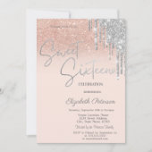 Zilveren Glitter Drips Blush Pink Sweet 16 Kaart (Voorkant)
