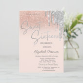 Zilveren Glitter Drips Blush Pink Sweet 16 Kaart (Staand voorkant)