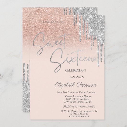 Zilveren Glitter Drips Blush Pink Sweet 16 Kaart (Voorkant / Achterkant)