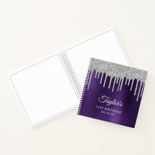 Zilveren Glitter Drips Donker Violet 21e Verjaarda Notitieboek (Binnen)