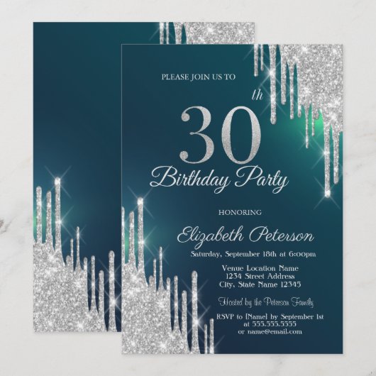 Zilveren Glitter Drips Groen 30e Verjaardag Kaart (Voorkant / Achterkant)