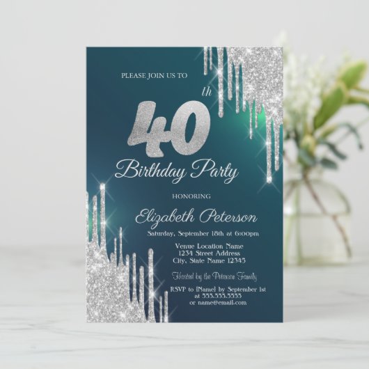 Zilveren Glitter Drips Groen 40e Verjaardag Kaart (Staand voorkant)