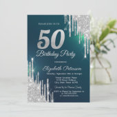 Zilveren Glitter Drips Groen 50ste Verjaardag Kaart (Staand voorkant)