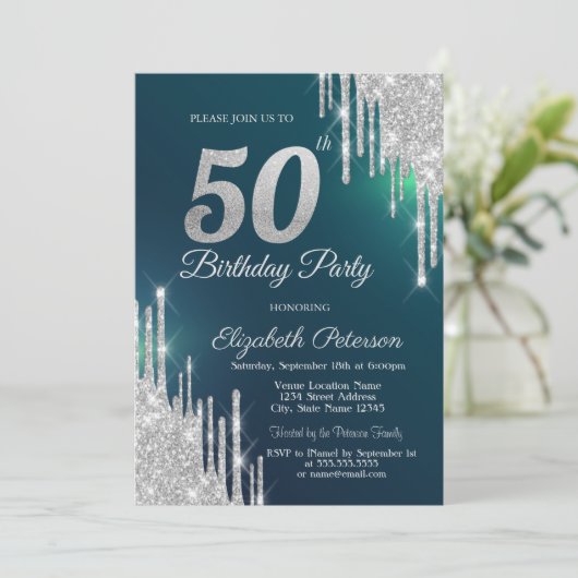 Zilveren Glitter Drips Groen 50ste Verjaardag Kaart (Staand voorkant)
