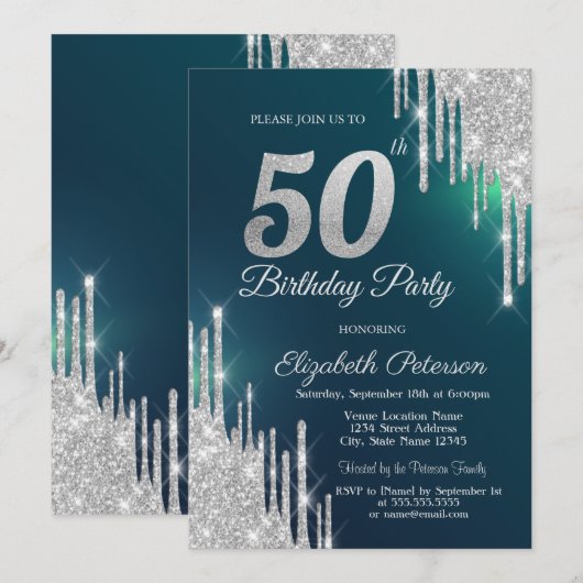 Zilveren Glitter Drips Groen 50ste Verjaardag Kaart (Voorkant / Achterkant)