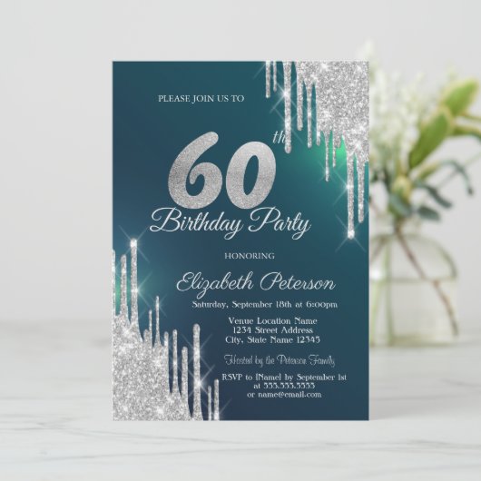 Zilveren Glitter Drips Groen 60ste Verjaardag Kaart (Staand voorkant)