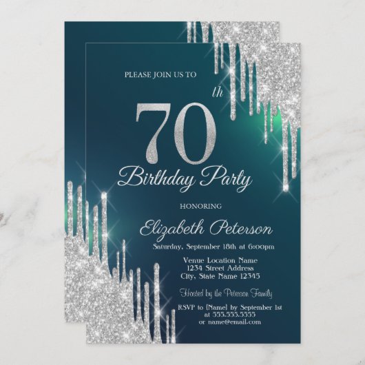 Zilveren Glitter Drips Groen 70e Verjaardag Kaart (Voorkant / Achterkant)