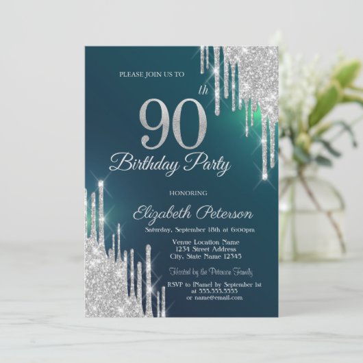 Zilveren Glitter Drips Groen 90ste Verjaardag Kaart (Staand voorkant)