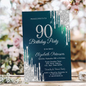Zilveren Glitter Drips Groen 90ste Verjaardag Kaart