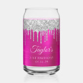 Zilveren Glitter Drips Hot Pink 21st Verjaardag Blikvorm Glas (Voorkant)