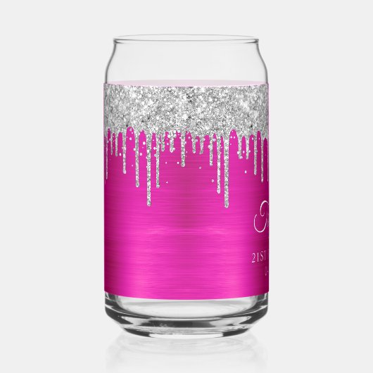 Zilveren Glitter Drips Hot Pink 21st Verjaardag Blikvorm Glas (Rechts)