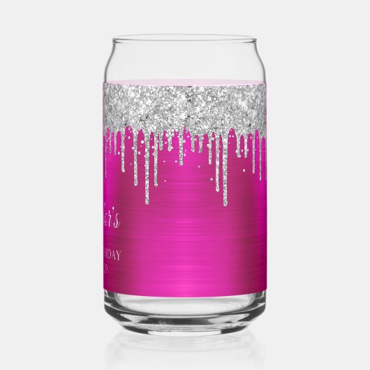 Zilveren Glitter Drips Hot Pink 21st Verjaardag Blikvorm Glas (Links)