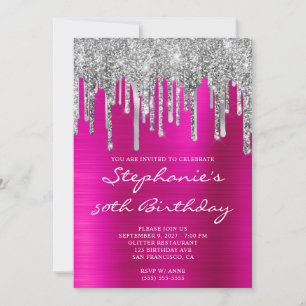 Zilveren Glitter Drips Hot Pink 50th Verjaardag Kaart