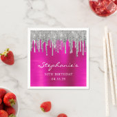 Zilveren Glitter Drips Hot Pink 50th Verjaardag Servet (Insitu)