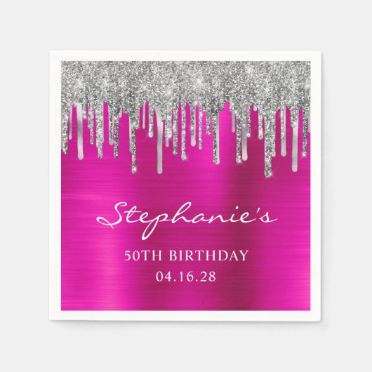 Zilveren Glitter Drips Hot Pink 50th Verjaardag Servet (Voorkant)