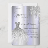Zilveren Glitter Drips Jurk Violet Quinceañera Kaart (Voorkant)