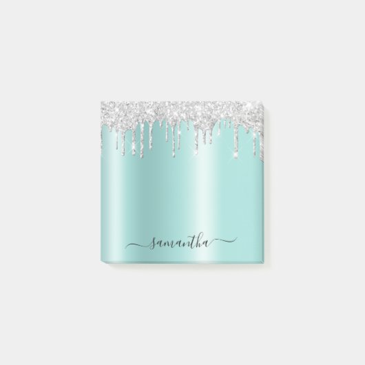 Zilveren Glitter Drips Licht Teal Glans Post-it® Notes (Voorkant)
