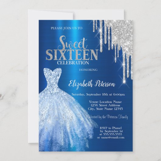 Zilveren Glitter Drips, Metallic Blauwe Jurk Sweet Kaart (Voorkant)
