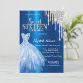 Zilveren Glitter Drips, Metallic Blauwe Jurk Sweet Kaart (Staand voorkant)