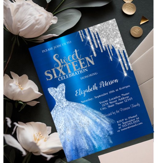 Zilveren Glitter Drips, Metallic Blauwe Jurk Sweet Kaart