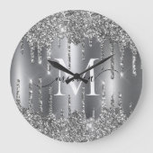 Zilveren Glitter Drips Monogram Met Naam Grote Klok (Voorkant)