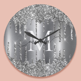 Zilveren Glitter Drips Monogram Met Naam Grote Klok
