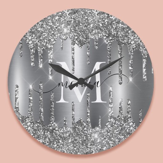 Zilveren Glitter Drips Monogram Met Naam Grote Klok