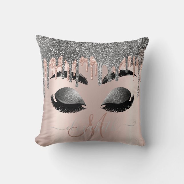 Zilveren Glitter Drips Monogram Valse Wimpers Kussen (Voorkant)