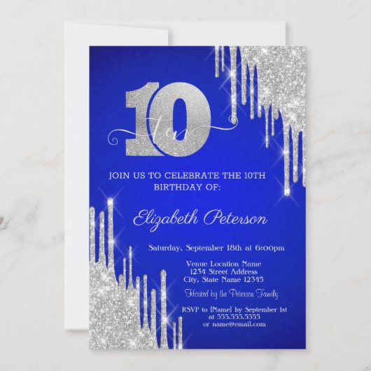 Zilveren Glitter Drips Royal Blue 10e verjaardag Kaart (Voorkant)