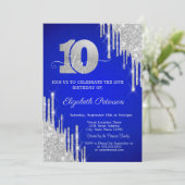 Zilveren Glitter Drips Royal Blue 10e verjaardag Kaart (Staand voorkant)