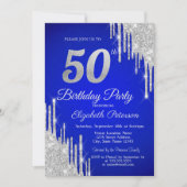 Zilveren Glitter Drips Royal Blue 50ste verjaardag Kaart (Voorkant)