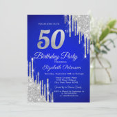 Zilveren Glitter Drips Royal Blue 50ste verjaardag Kaart (Staand voorkant)