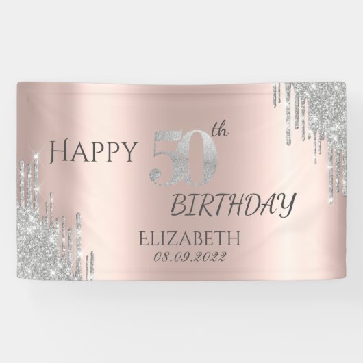 Zilveren Glitter Drips Roze Goud 50ste Verjaardag  Spandoek (Horizontaal)