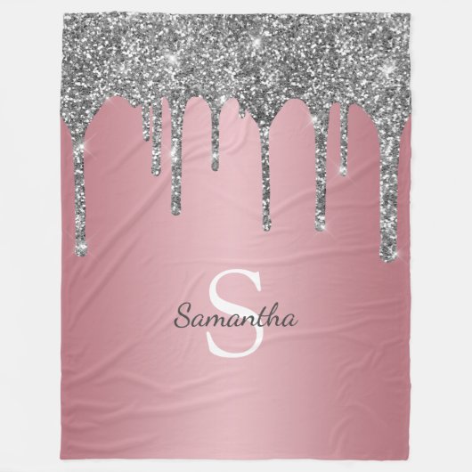 Zilveren Glitter Drips Roze Goud Roze Monogram Naa Fleece Deken (Voorkant)