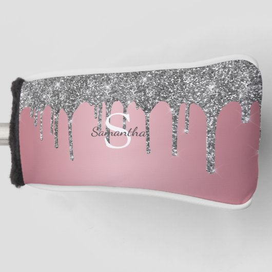 Zilveren Glitter Drips Roze Goud Roze Monogram Naa Golfheadcover (Voorkant)