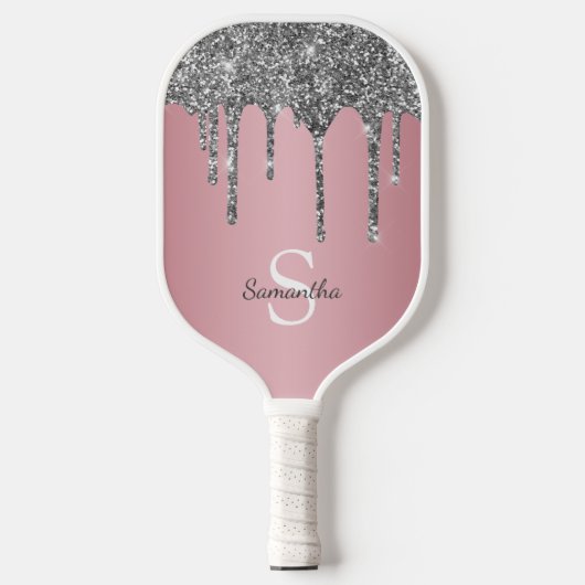 Zilveren Glitter Drips Roze Gouden Monogram Naam Pickleball Paddle (Voorkant)