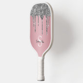 Zilveren Glitter Drips Roze Gouden Monogram Naam Pickleball Paddle (Links)
