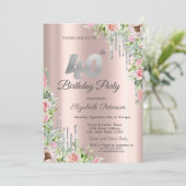Zilveren Glitter Drips Roze Gouden Rozen 40e Kaart (Staand voorkant)
