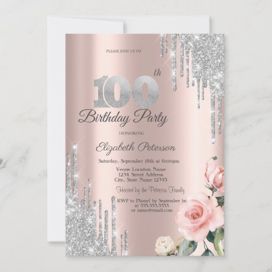 Zilveren Glitter Drips Rozen Roze Goud 100ste Kaart (Voorkant)
