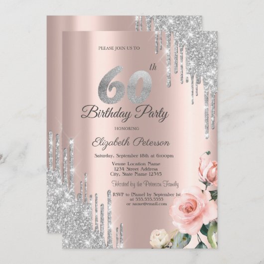 Zilveren Glitter Drips Rozen Roze Goud 60ste Kaart (Voorkant / Achterkant)