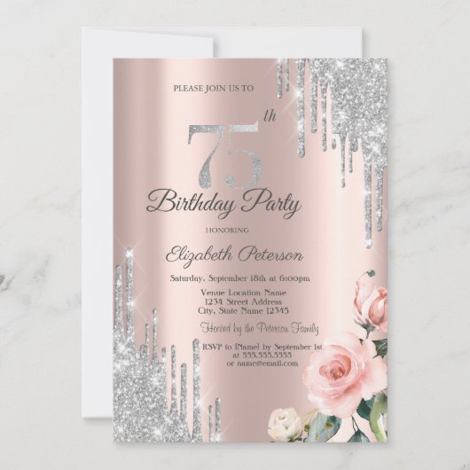 Zilveren Glitter Drips Rozen Roze Goud 75e Kaart (Voorkant)