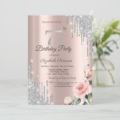 Zilveren Glitter Drips Rozen Roze Goud 75e Kaart (Staand voorkant)