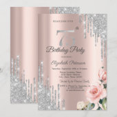 Zilveren Glitter Drips Rozen Roze Goud 75e Kaart (Voorkant / Achterkant)
