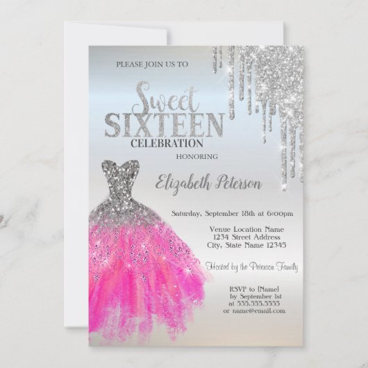 Zilveren Glitter Drips, Schattige Jurk Sweet 16 Kaart (Voorkant)