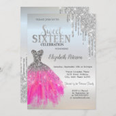 Zilveren Glitter Drips, Schattige Jurk Sweet 16 Kaart (Voorkant / Achterkant)