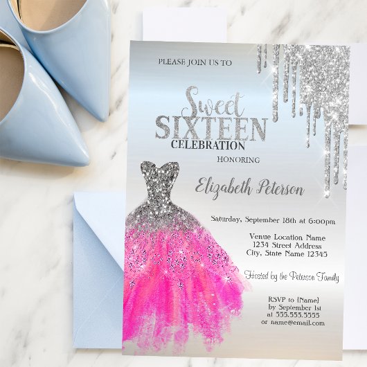 Zilveren Glitter Drips, Schattige Jurk Sweet 16 Kaart
