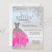 Zilveren Glitter Drips, Schattige Jurk Sweet 16 Kaart (Voorkant)