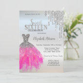 Zilveren Glitter Drips, Schattige Jurk Sweet 16 Kaart (Staand voorkant)