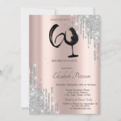 Zilveren Glitter Drips Wijn Glas Rose Goud 60th Kaart (Voorkant)