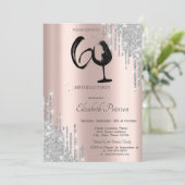 Zilveren Glitter Drips Wijn Glas Rose Goud 60th Kaart (Staand voorkant)